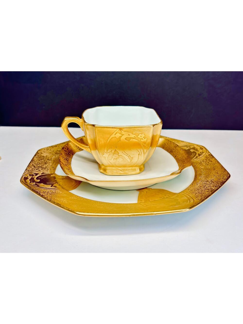 Vintage 1938 Arzberg Bavaria Art Deco Tea Trio Gold Phoenix Mythical Bird Motif